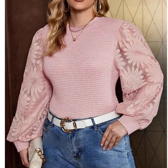 Plus Pink Floral Print Semi Sheer Long Sleeve Knit Top - Picture 1 of 4